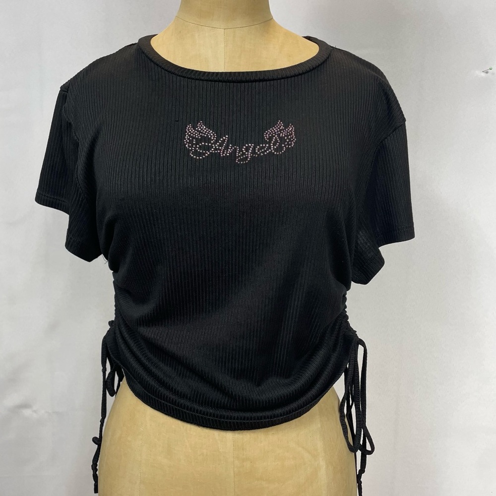 Perfectly Angel Top LG Black Rhinestone Y2K Bling Tee Angelcore Baby Black Glam - Picture 3 of 10